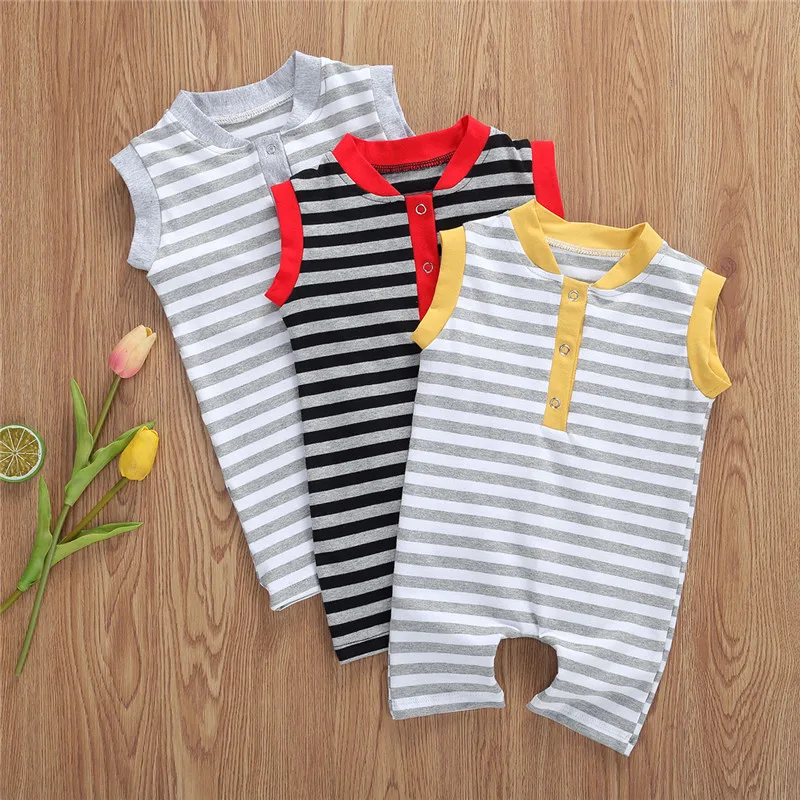 

2020 Summer Infant Baby Girls Boys Romper Newborn Baby Boy Girl Striped Print Sleeveless Cotton Jumpsuits New Born Clothes 0-18M