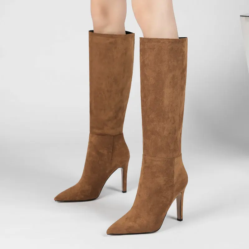 

Женские замшевые сапоги до колена без застежек, на тонком высоком каблуке, размеры 34-43