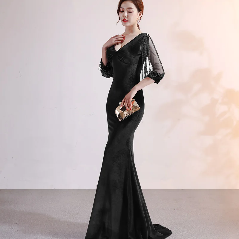 Осенне-зимние женские сексуальные бархатные вечерние платья с v-образным вырезом