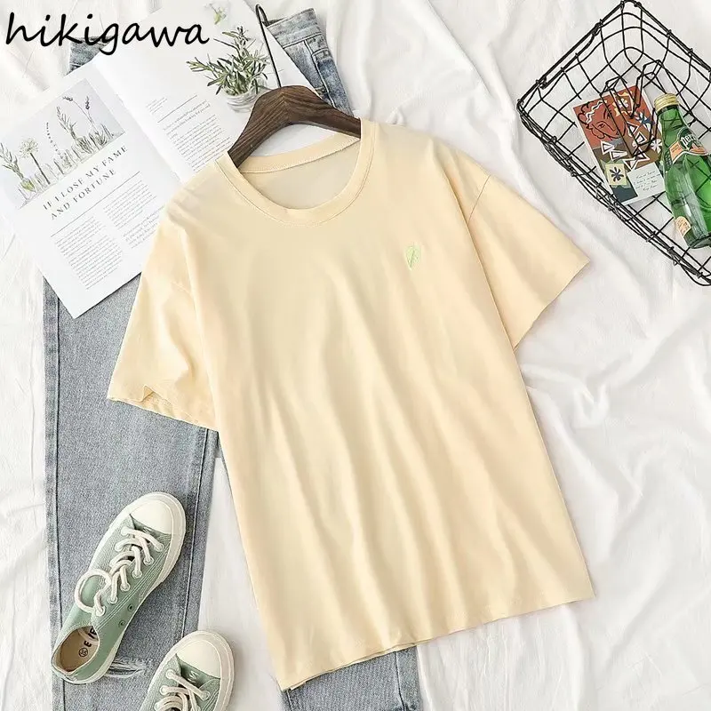

Hikigawa Women's T-shirts O Neck Short Sleeve Embroidery T Shirt New Basic Sweet Fashion Office Lady Elegant Casual Tshirt Tops