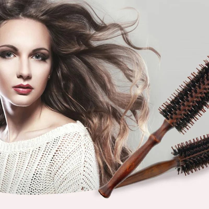 

1Pc Portable Bristles Hair Brush Comb Round Anti-static Curly Comb Twill With Wood Handle For Hair Styling Curling