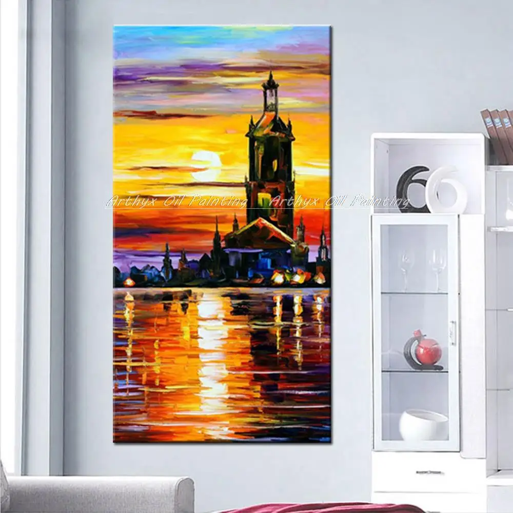 Arthyx ручная роспись абстрактный нож морской город картины маслом на холсте