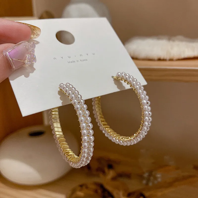 

2022 New S925 Sterling Silver Pearl Earrings Female Simple Metal Gold Color Circle Ear Rings