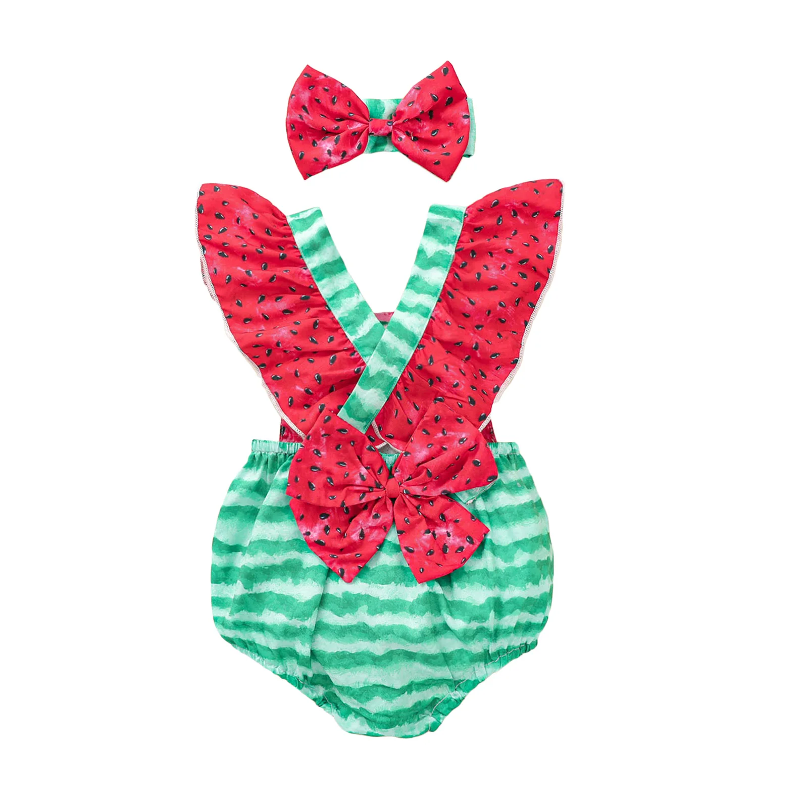 

Breathable Baby Girls Outfit Suit, Sweet Style Infant Summer Creative Watermelon Printing Fly Sleeve Romper + Bow Headwear