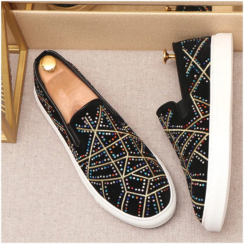 

mens fashion party nightclub wear cow suede leather shoes slip-on driving shoe rhinestone flats summer loafers man footwear male