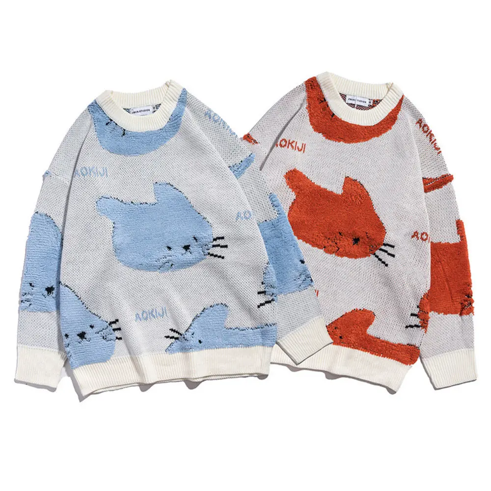 

Осенне-зимний вязаный свитер с забавным принтом кошек и головок, мужской и женский свитер с длинным рукавом и круглым вырезом, синий и черны...