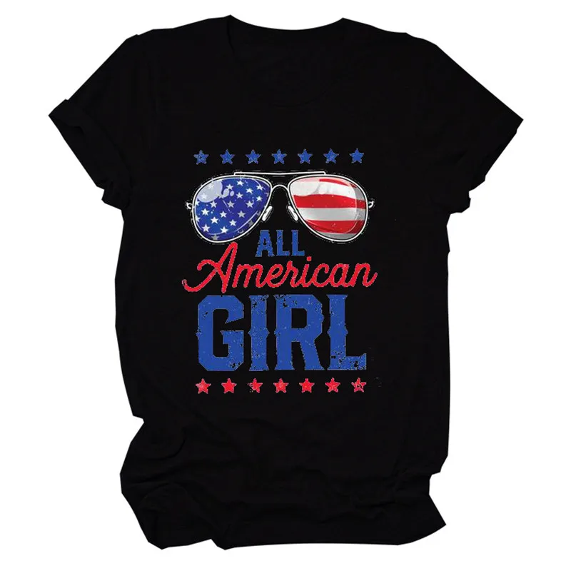 Women Sunglasses All American Girl Print Slogan Summer Aesthetic Tee Short Sleeve Top Funny Letters Soft Casual T-Shirt | Женская одежда