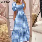 Платье-Макси женское, с коротким рукавом, квадратным вырезом, в клетку