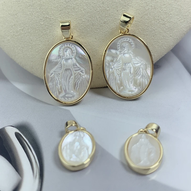 

Metal MOP Pearl Shell Oval Virgin Mary Charms Necklaces Pendant For Jewelry Making Christian Accessories