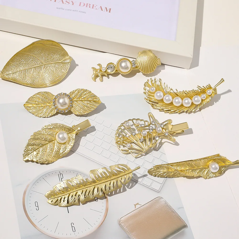 

New Fashion Retro Metal Alloy Hair Clip Feather Leaf Pearl Duckbill Clip Hairpin Side Clip Hair Accessories For Women Girl Party