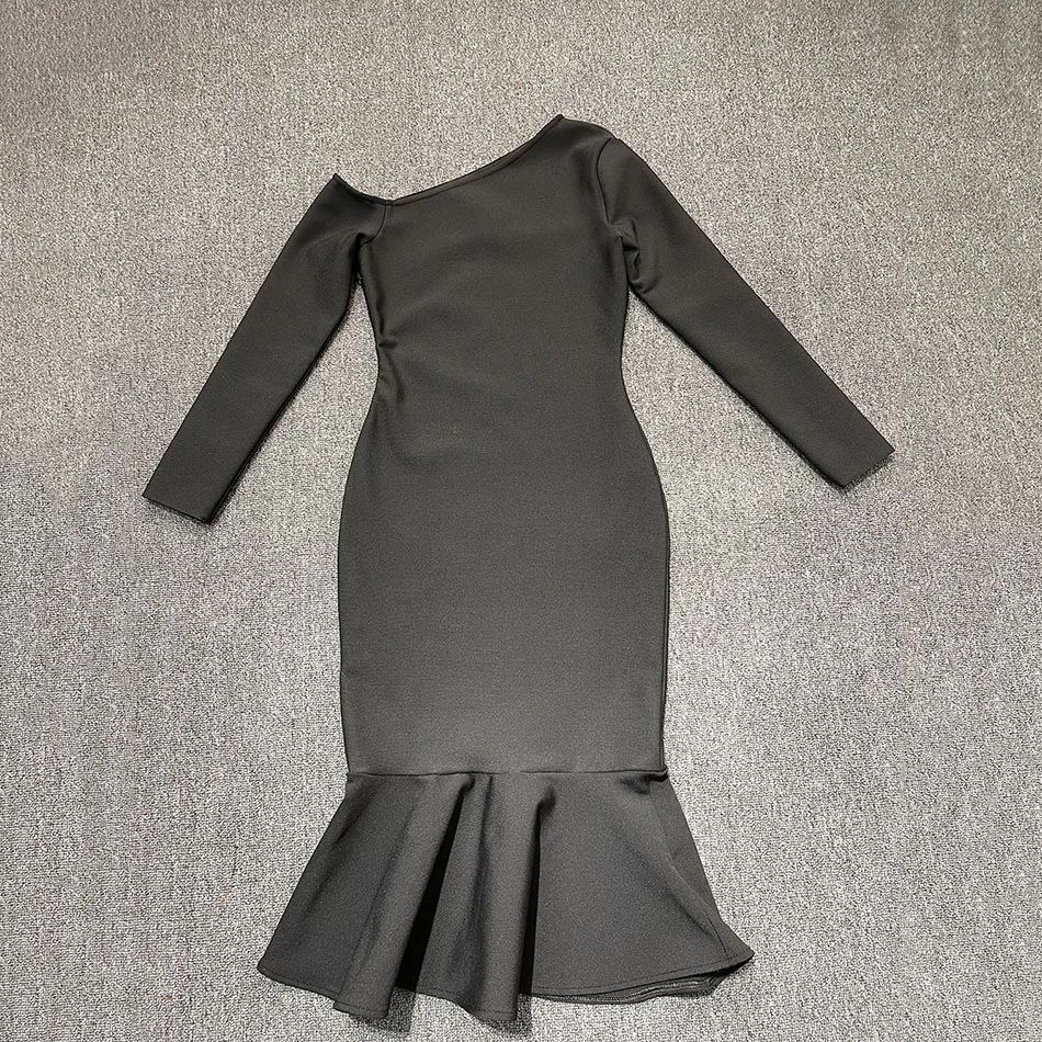 

High Quality 2021 Summer Women Sexy Long Sleeve Backless Ruffle Bandage Dress Black Bodycon Celebrity Party Dress Vestidos