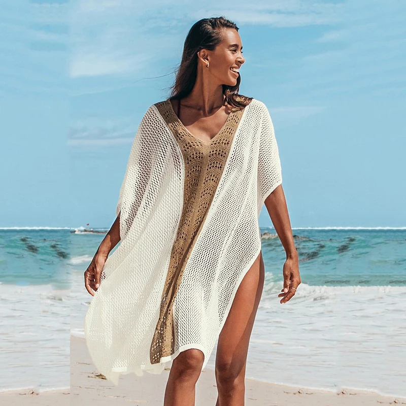 

2021 New Fashion Casual Women Hollow-out Bikini Cover Ups,Contrast Color See-through Side Split Dress for Summer