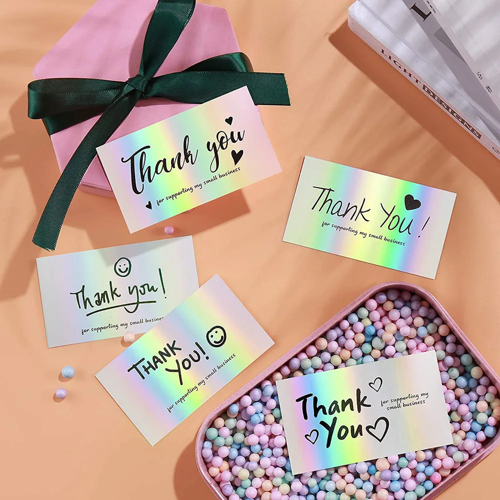 

50Pcs/pack Colorful Thank You Cards for Supporting Cards Notes Shopping Holographic Decorative Stickers Gift