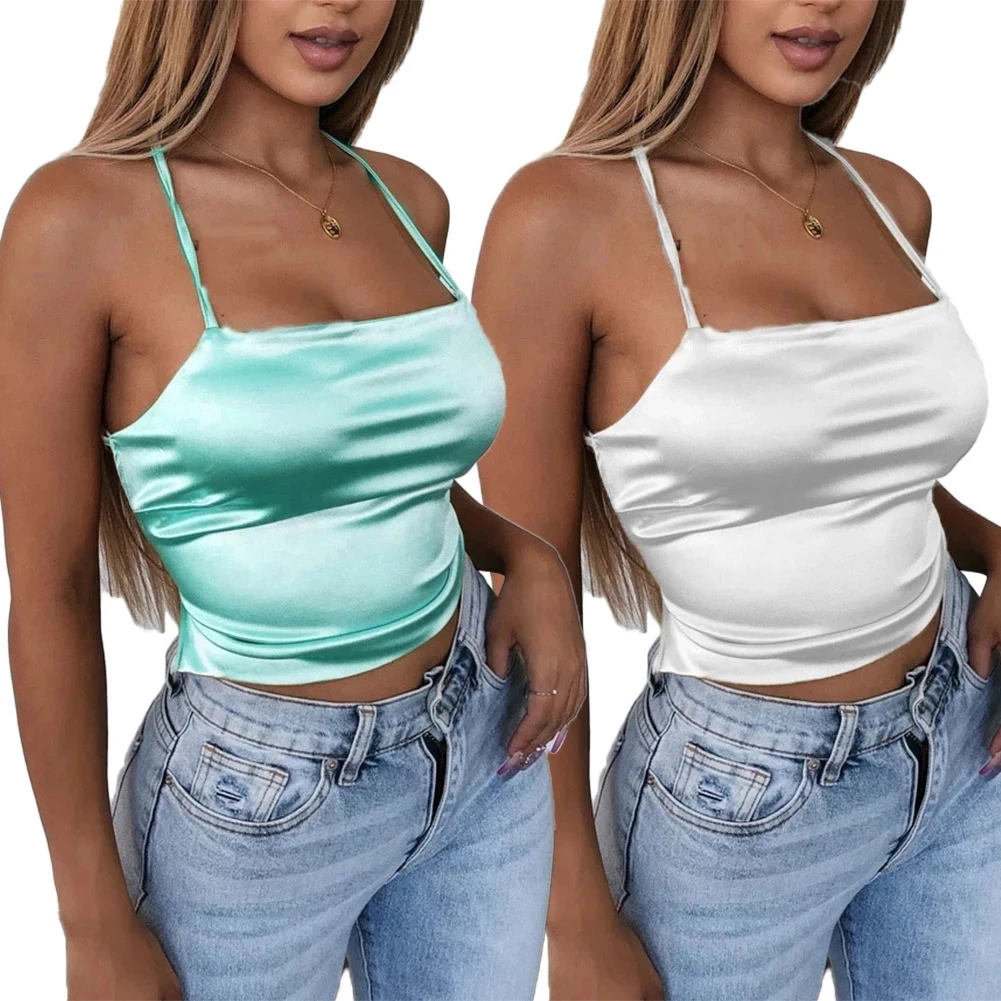 

High Quality 2020 New Fashion Women Sexy Style Satin Silk Backless Back Bandage Vest Blouse Tops Strappy Summer Beach Cami Tank