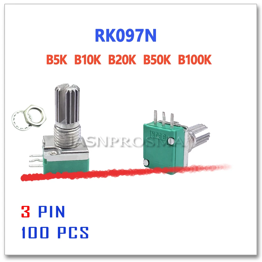 JASNPROSMA RK097N 100 шт. B5K B10K B20K B50K B100K 3PIN 5K 10K 20K 50K 100K потенциометр 15 мм один аудио|Запасные
