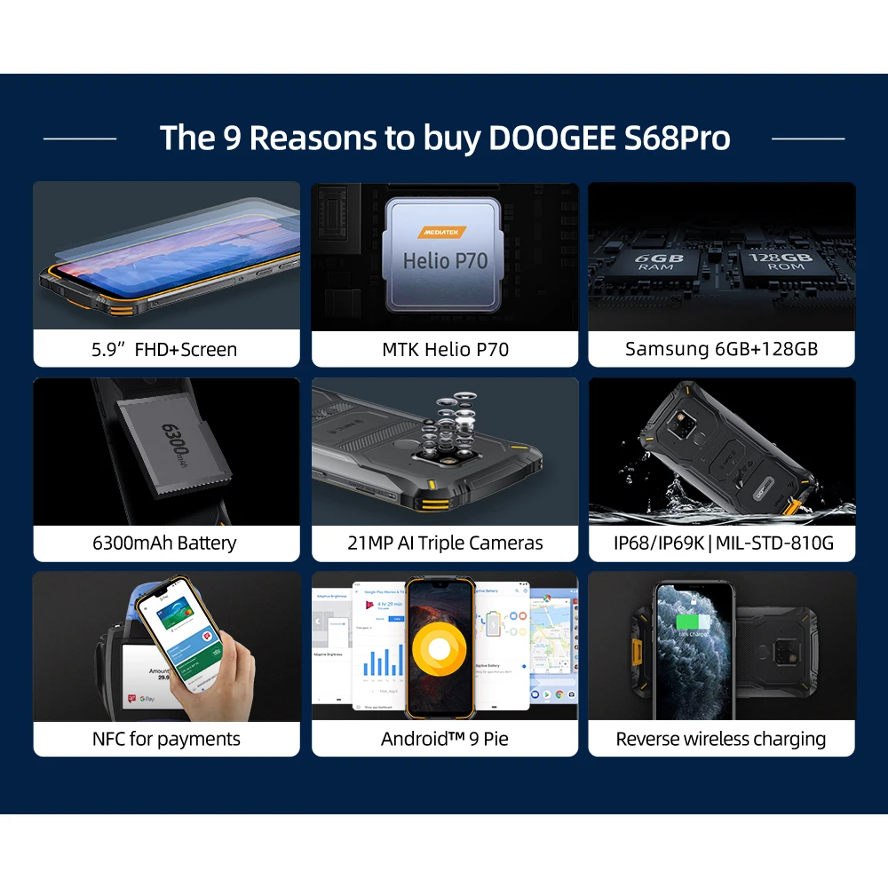 IP68 Водонепроницаемый DOOGEE S68 Pro Прочный телефон 6 ГБ 128 Helio P70 мобильных телефонов 21MP