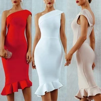 women sexy solid color sleeveless one shoulder fish tail hem bodycon midi dress