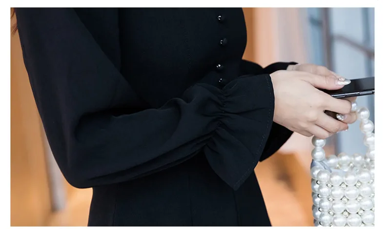 

#5207 Black White A-line Dress Women Lantern Sleeved Sexy Mini Dress Square Collar Front Buttons Ladies Dresses Spring Autumn