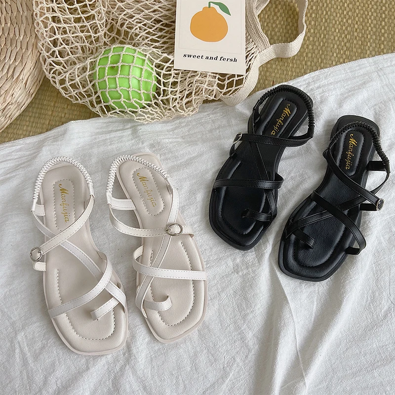 

Low Sandals Woman Leather Shoes Lady 2021 Suit Female Beige All-Match Summer Heels Low-heeled New Flat Black Girls Fashion Comfo