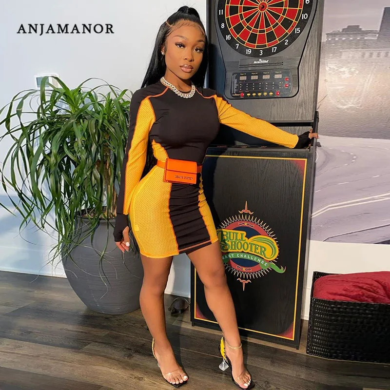 ANJAMANOR прозрачное Сетчатое платье с цветными блоками и длинным рукавом облегающее