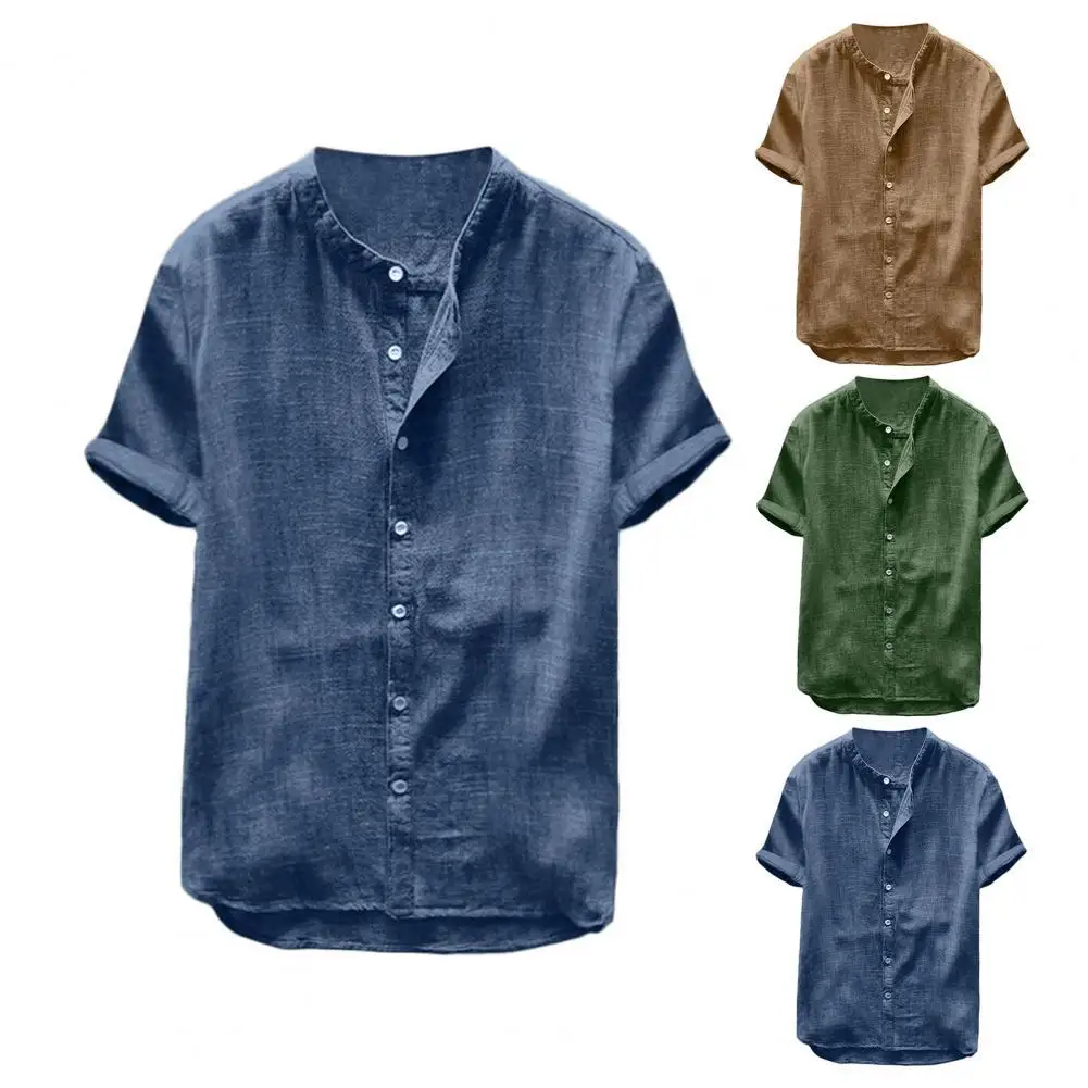 

2021 Fashion Short Sleeve Beach Shirt Stand Collar Men Solid Color Moisture-wicking Casual Shirt Streetwearfor Vacation