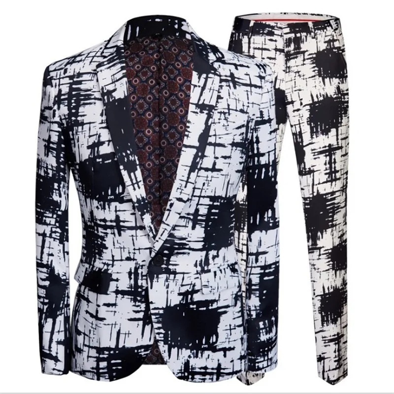 Мужской костюм с чернильным принтом комплект блейзером черно-белая приталенная