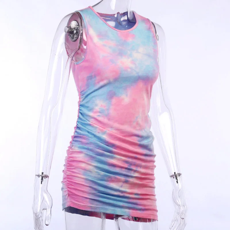 

Women Tie-Dye Print Round Neck Sleeveless Dress 2020 Fashion Ladies Casual Street Drape Dress