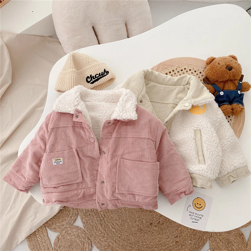 

Winter girls fashion inner berber Fleece Double sided wear corduroy jackets baby kids thicken warm woolen collar coats