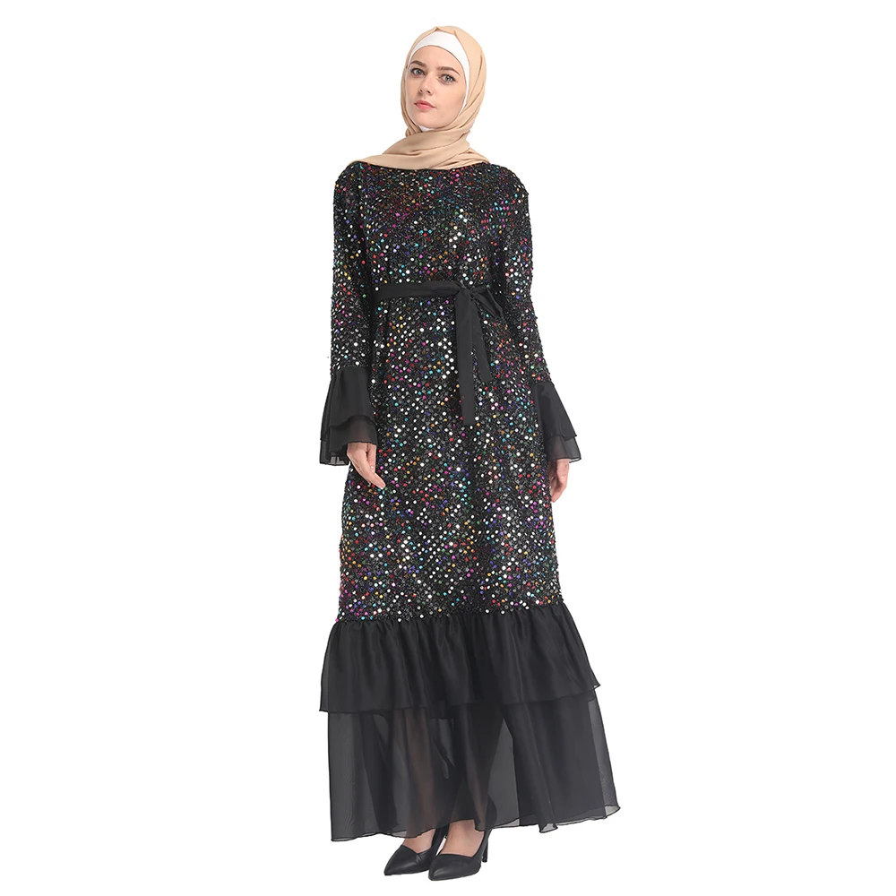 Блестки Abaya Дубай Кафтан для женщин мусульманское с расклешенными рукавами