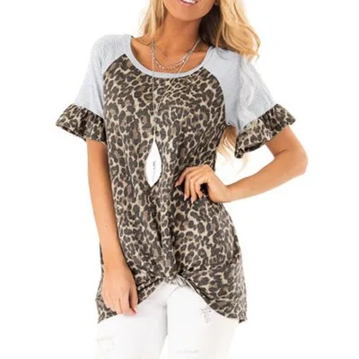 

Free shipping spring and summer new women's round neck leopard trumpet sleeve short-sleeved T-shirt women NZ057