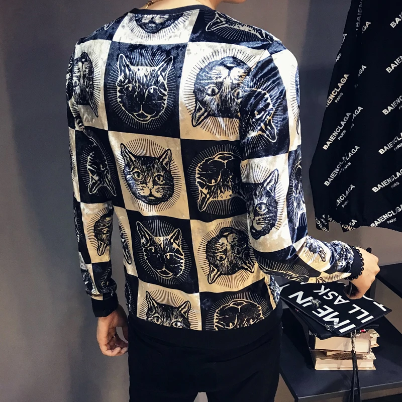 Мужская бархатная футболка с принтом в виде головы кошки