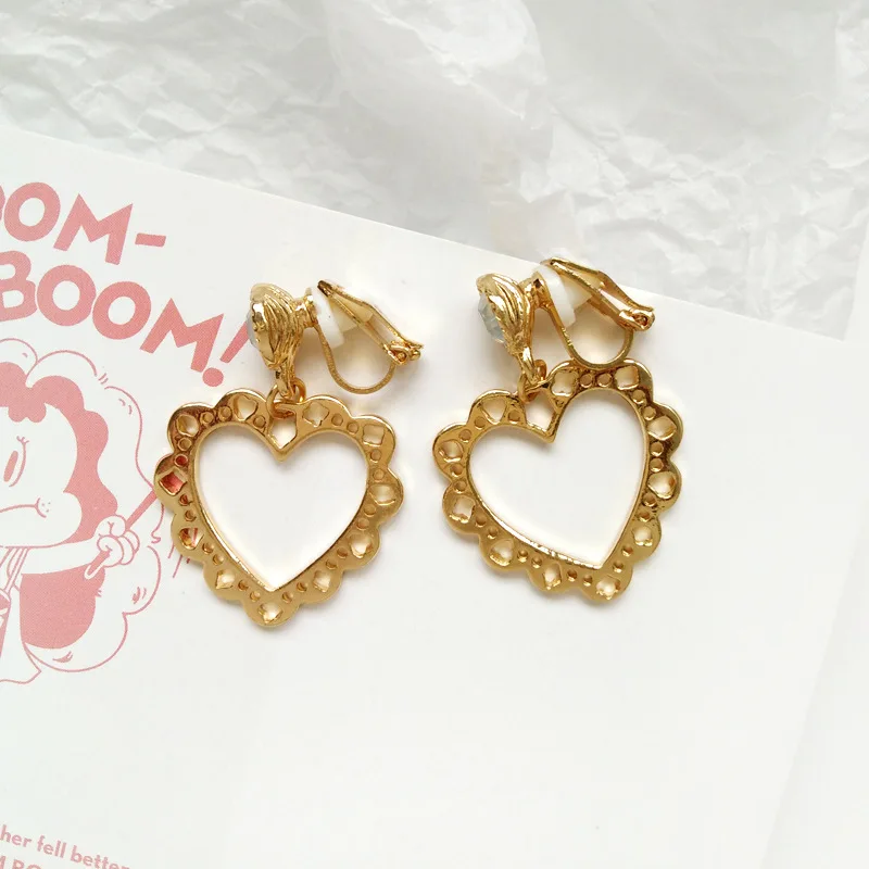 clip on earrings Простое любовное сердечко клипсы на серьги клипсовые сплав кружева вырез в форме сердца серьги с рисунком без пирсинга для женщин - Окраска металла: clip on earrings