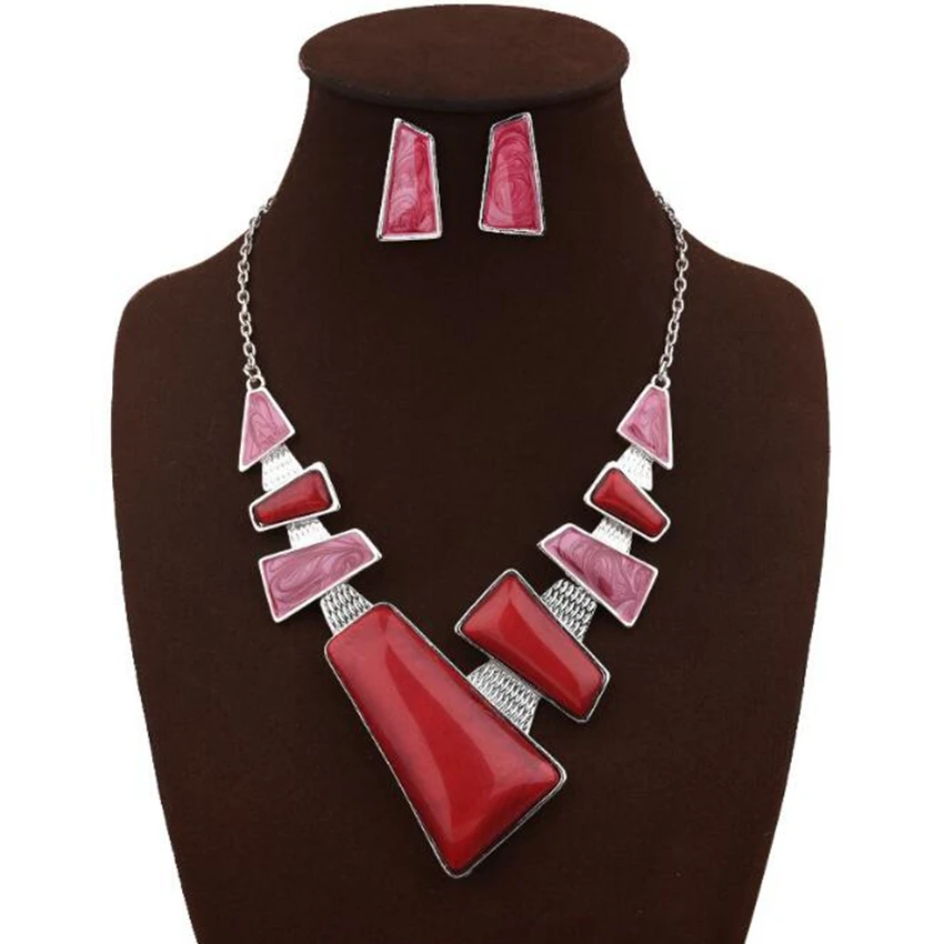 

Женский комплект украшений DiLiCa, винтажное ожерелье и серьги с геометрическим узором, красный и синий цвета