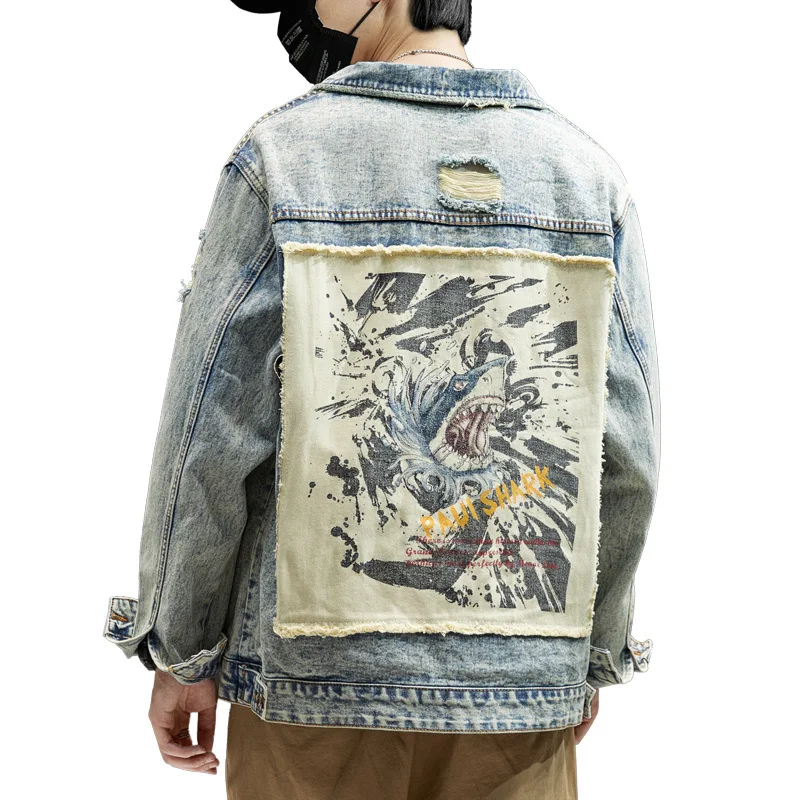 

American Trend Men's Light Blue Hip-hop Street Style Denim Jacket Casual Loose Ripped Printed Denim Jacket Coat Spring/Autumn