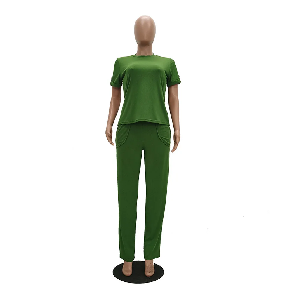 

summer casual two piece set top and pants solid color knitted short sleeve top +solid color knitted straight-leg long pants