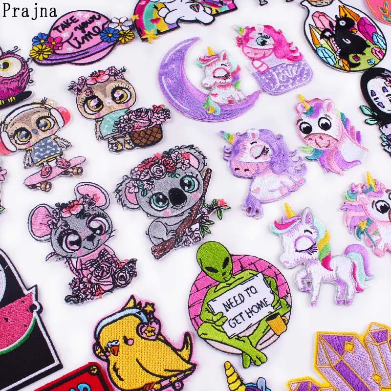 Prajna Cartoon Unicorn Koala Patch Stripe Embroidered Patches for Kid Clothes Owls Stickers Badges Cute Parches Iron on | Дом и сад