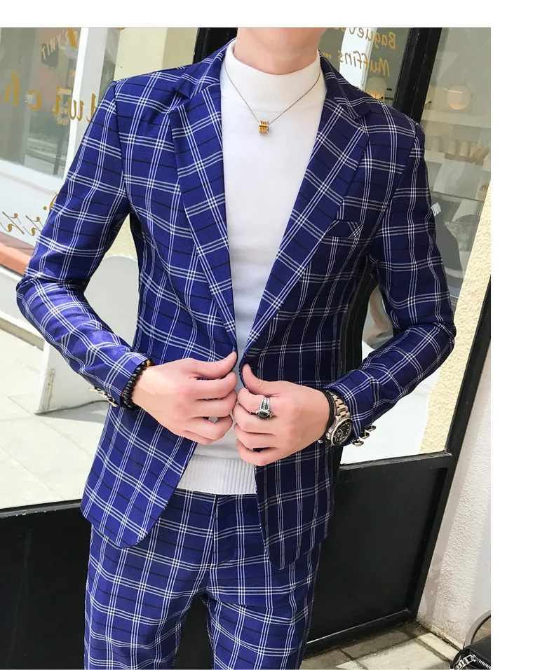 Мужской Клетчатый костюм, костюм до лодыжки, Homme Mariage Cofee, в синюю полоску, в клетку, элегантный Trajes De Hombre Novio, клетчатый костюм для мужчин