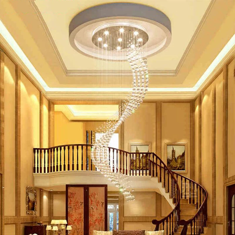 Satin Al Kristal Modern Avize Tek Spiral Merdiven Için LED Avizeler Fuaye Yemek Odası Restoran Lamba Merdiven Lambası