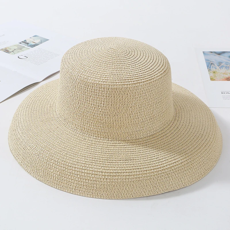 

HT2303 2020 New Summer Sun Hats Ladies Solid Plain Elegant Wide Brim Hat Female Round Top Panama Floppy Straw Beach Hat Women