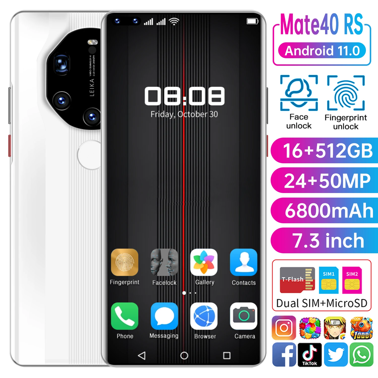 

New Mate40 RS Global Version Smartphone 6800MAH Snapdragon 888 16GB 512GB Fingerprint Unlocked 7.3 Inch 10 Core Mobile Phone