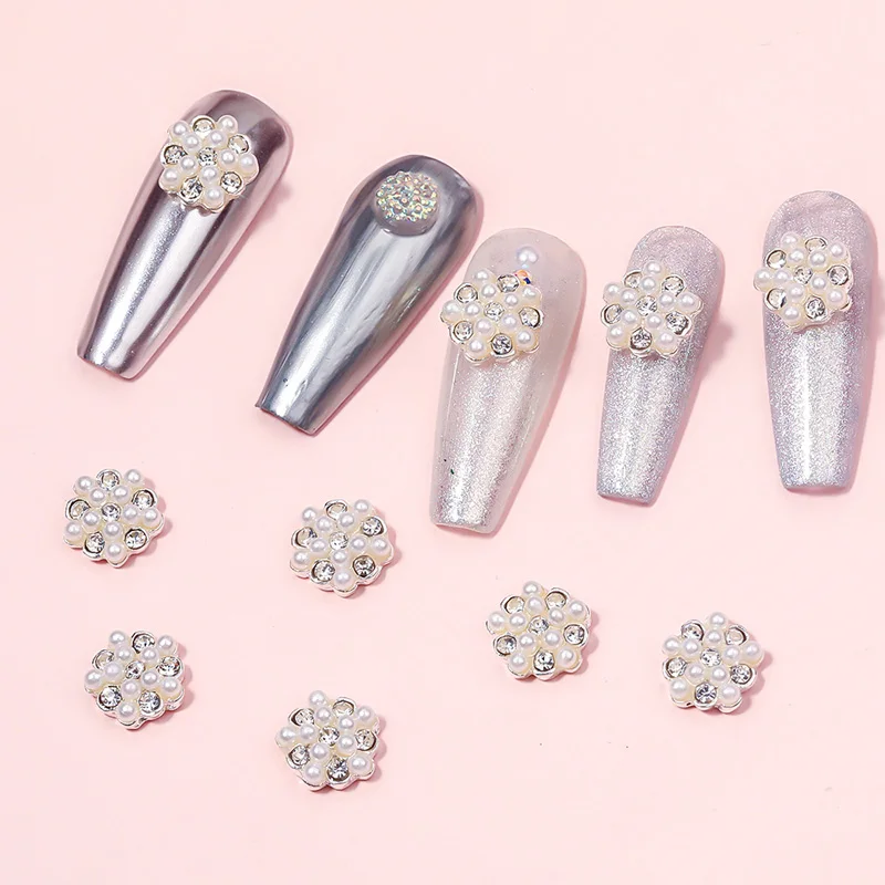 

10Pcs Nails Rhinestone Luxury Pearl Snowflake 3d Flower Charms Manicure Alloy Jewelry Nail Art Decoration DIY Craft Accessories