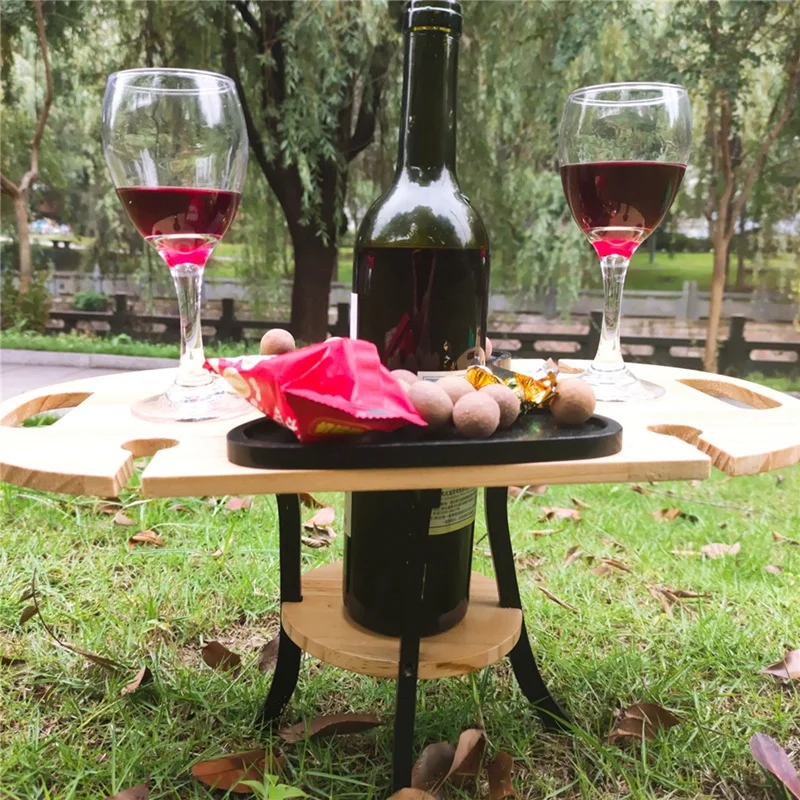 

Mini Camping Table Outdoor Tables Wine Rack Foldable & Assembled 4 Glasses Wine Table for Garden Yard Furniture