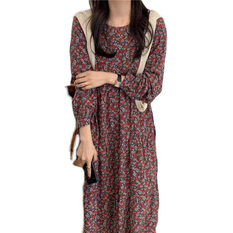 

COIGARSAM Full Sleeve Women dress Loose Floral Print O-Neck Dresses 9185
