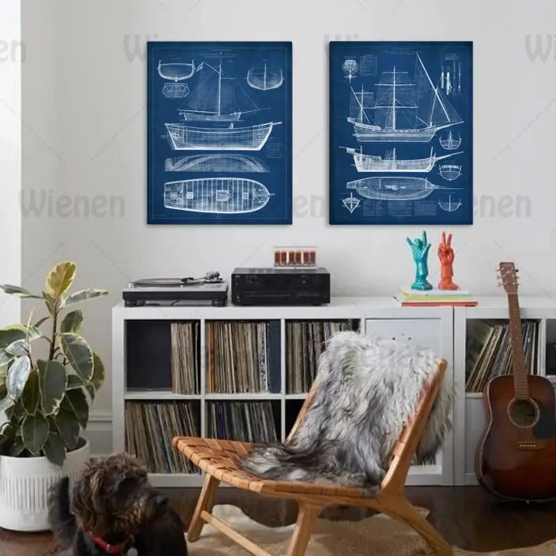 

Vintage Poster Ship Blueprint Canvas Painting Printing Boys Kids Room Wall Art Boat Detail Diagram Home Decor Mural Living Room