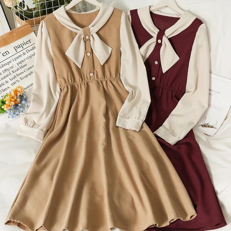 

Hong Kong style retro contrast color stitching high waist mid-length large swing skirt female 2021 new bow roundneckdress autumn