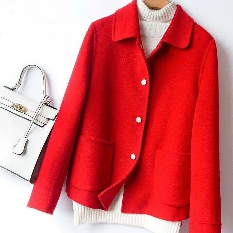 

New Wool Short Coat Women's Autumn Winter Loose Solid Color Long Sleeved Cardigan Female Wear Warm Jacket Coat