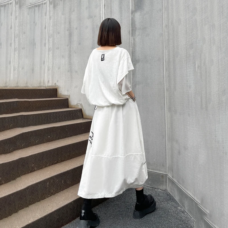 

[EAM] Printed Half-body Skirt Two Pieces Suit Round Neck Short Sleeve Black Loose Women Fashion Tide Spring Summer 2021 1DD8885