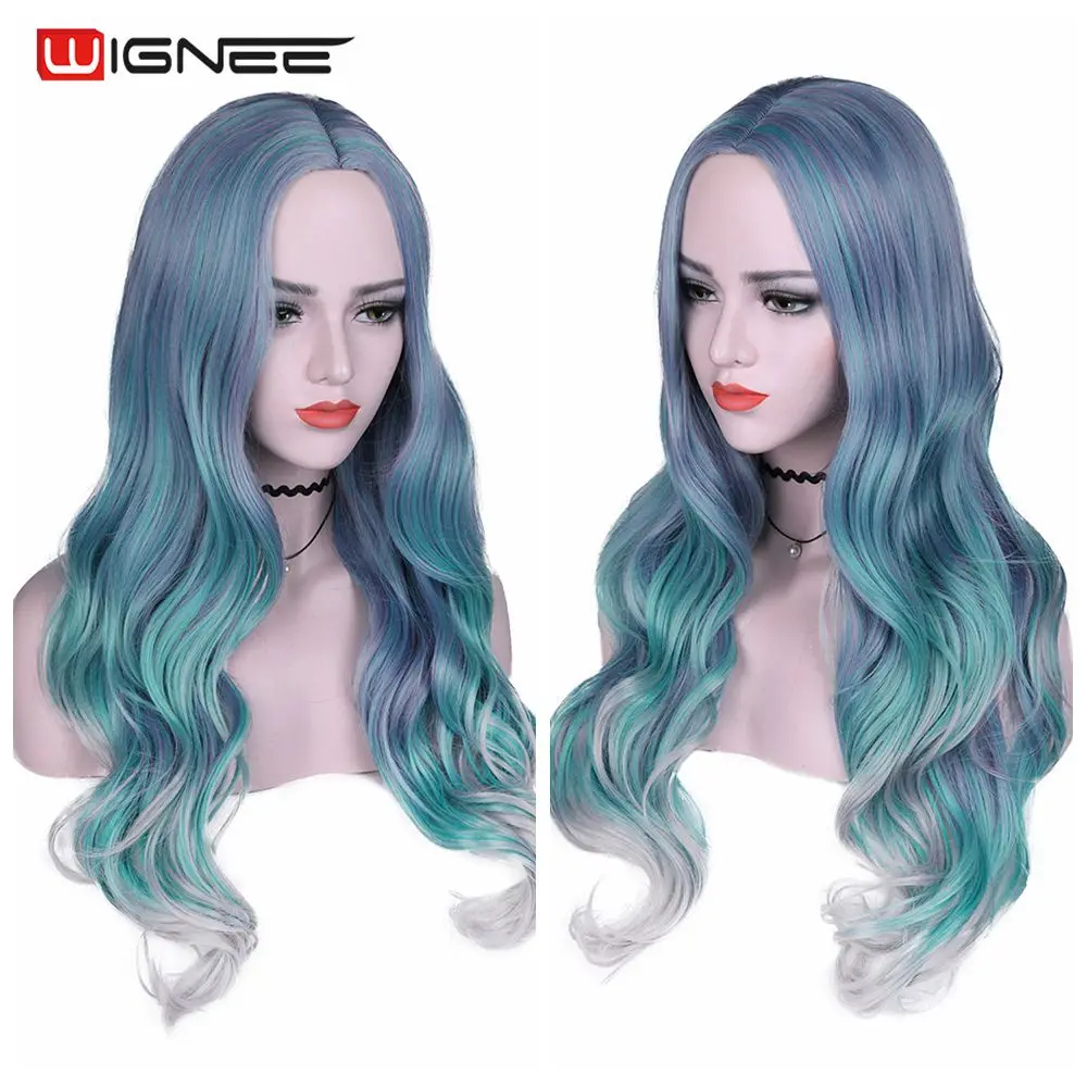 

Wignee Long Body Wave Wigs Mixed Blue Pink Synthetic Wig Cosplay Middle Part Natural Heat Resistant Wig for Women