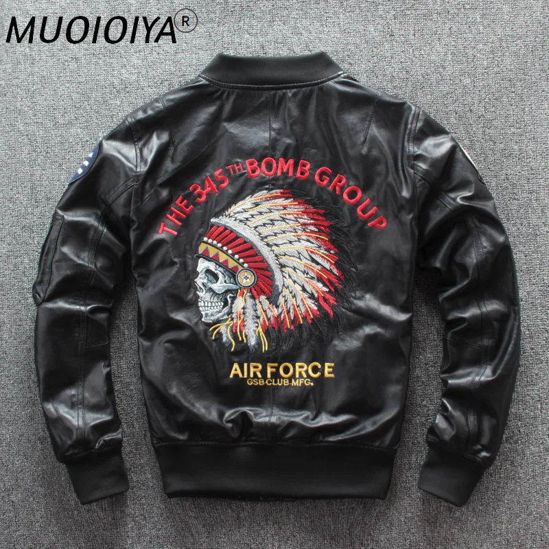 

Men's genuine leather jacket sheepskin Indian embroidery slim flight suit baseball uniform jacket