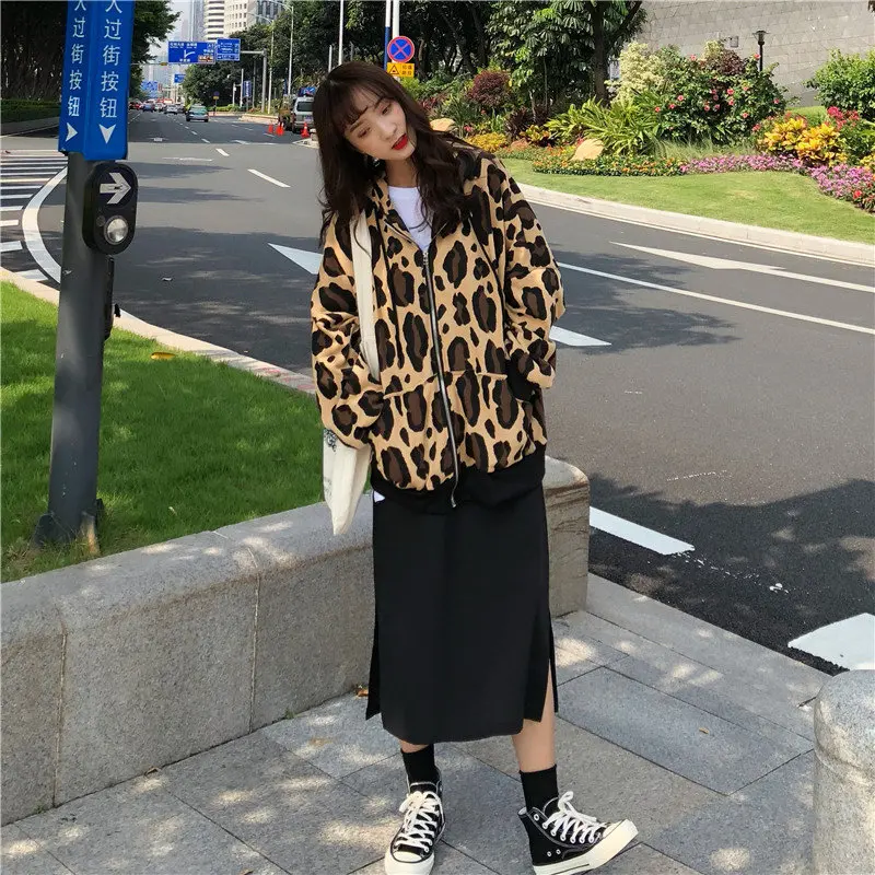 

HziriP Harajuku Fashion Autumn Leopard Zipper Ulzzang Chic Loose Female Sweet Fresh Outerwear Stylish All-Match Casual Coat
